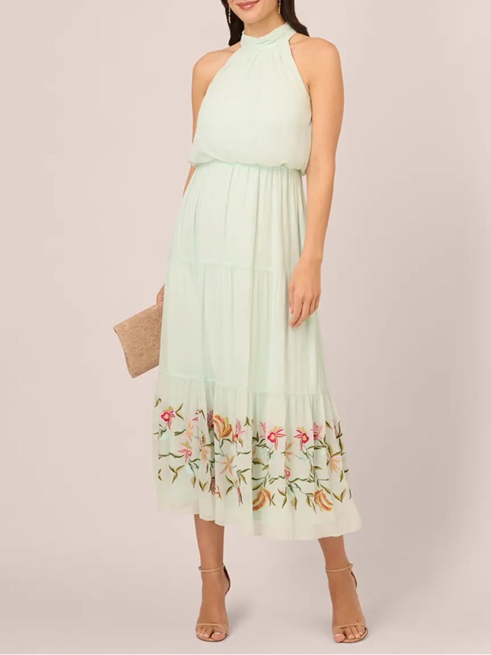 Adrianna Papell Mint Green Embroidered Floral Halter Midi Dress SZ 6 NWT RESORT